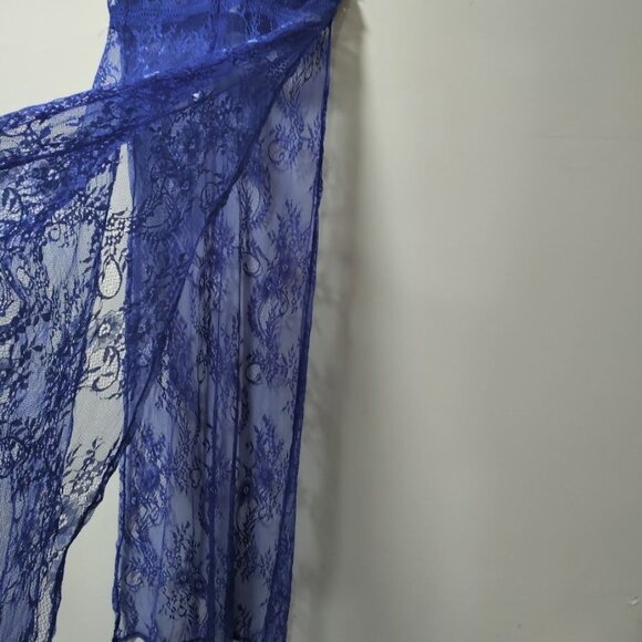 Sheer Lace Gown Wrap Electric Blue Deep V Festival Lingerie Goth S/M - Picture 9 of 13